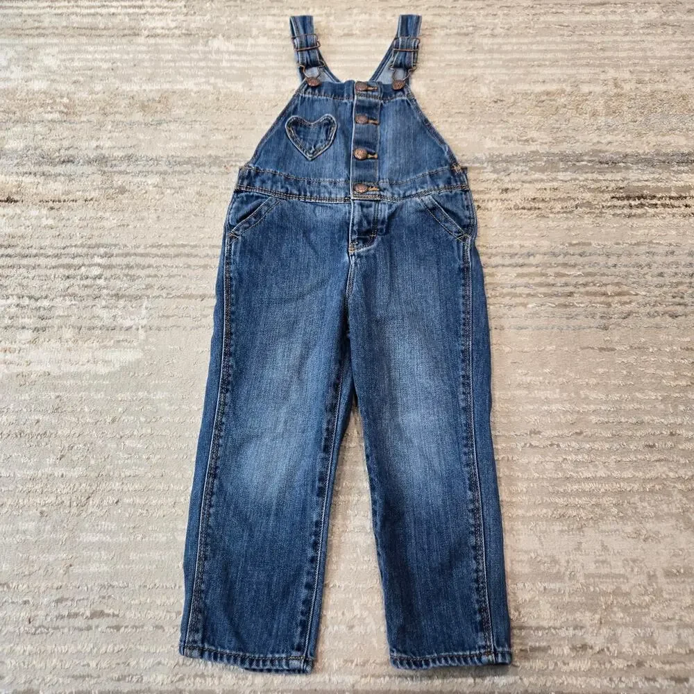 OshKosh B'gosh Denim Jean Overalls Button Front Heart‎ Pocket Vestbak Girls 3T